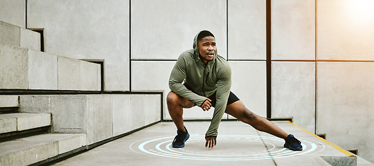 Image showing Exercise, hologram and flare with a man stretching on stairs in the city for the start of his workout routine. Fitness, warm up and futuristic sports with a young african athlete in an urban town