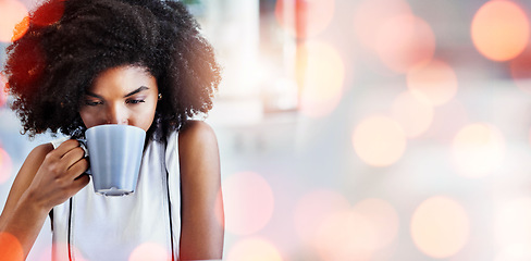 Image showing Business, thinking and black woman with coffee, relax and banner with a career, lunch break and espresso. African person, entrepreneur and employee with tea, cappucino and calm with ideas and overlay