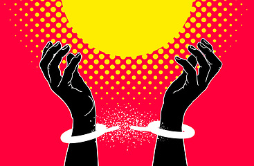 Image showing Hands, break cuffs and freedom in illustration, art or strong for human rights, stop oppression or red background. Protest, power and justice for equality, end modern slavery and creativity for peace