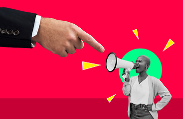 Image showing Woman, megaphone and protest art by red background for human rights, power and solidarity for equality. Hand overlay, support and point with oppression, goals or government compliance with opinion