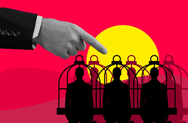 Image showing Hand, pointing and corporate slavery in cage, abuse and inequality on overlay. Finger, group and boss with workers in prison for authority, business management and graphic illustration of oppression