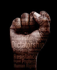 Image showing Fist, protest and closeup with text, human rights and overlay for power, solidarity or justice by black background. Hand, sign language or icon with opinion for equality, politics or fight for change