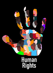 Image showing Palm, human rights and art with color, diversity and creative for equality by black background. Illustration, support and group with hand overlay for racism, justice or opinion for promotion of peace