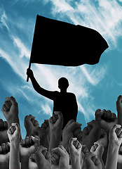 Image showing Hands, fist and freedom, human rights activism and flag with silhouette of person, graphic or illustration for equality. Political movement, feminism or empowerment with rally, protest and solidarity