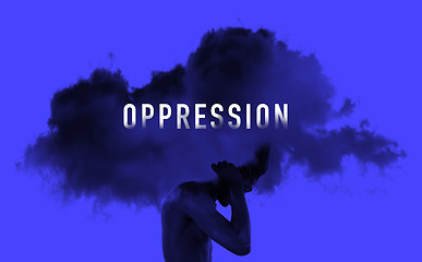 Image showing Oppression, cloud and pain of man with heavy burden, carrying weight or struggle of abuse on a blue background. Challenge, pressure and person fighting for human rights, equality and freedom