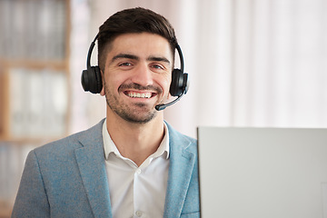 Image showing Portrait, businessman and smile in happiness with headset for job, customer support or telecom in office. Caucasian, person and employee with joy on face for work in call centre sales or help desk