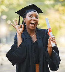 Image showing Graduate scroll, happy black woman and okay sign for learning success, education development or school graduation. College diploma, emoji ok icon and university student smile for perfect achievement