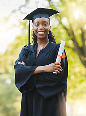 Image showing Graduate, diploma and portrait of black woman outdoor with arms crossed to celebrate success, education and college scholarship. Happy student, university graduation or achievement of certified award