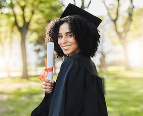 Image showing Graduation, portrait of woman and smile with diploma to celebrate event, education and college scholarship outdoor. Happy university graduate with certificate, award and certified achievement in park