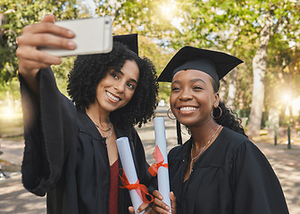 Image showing Graduation diploma, women and happy friends selfie for learning success, university education or memory photo. College progress, park photography or students post school profile picture on campus app