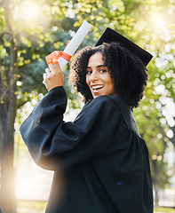 Image showing Graduate, certificate and portrait of happy woman celebrate success, education and college degree outdoor. University graduation, diploma and celebration of award, achievement and event in garden