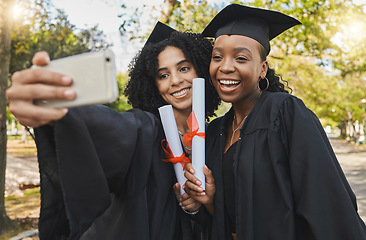 Image showing Graduation diploma, nature or happy friends selfie for learning success, education development or graduate photo. College progress, park photography or students post profile picture to social network