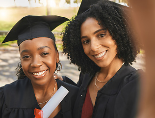 Image showing Graduation, portrait or happy friends selfie for learning success, education development or graduate photo. College women, park photography and face of students smile for school progress achievement