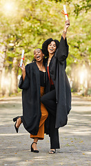 Image showing Graduate diploma, happy women portrait and friends celebrate learning success, education goals or university graduation. College certificate, school study achievement and excited students celebration