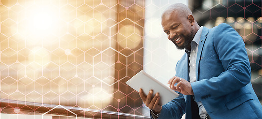 Image showing Grid overlay, business man and tablet on patio for SEO work and digital transformation outdoor. Working, African male professional and technology for website development job with mockup space