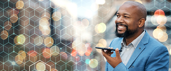 Image showing Businessman, smile and phone for communication on banner, overlay and bokeh for mockup in closeup. Mature, black person or entrepreneur with vision for technology, telecom or social media in city