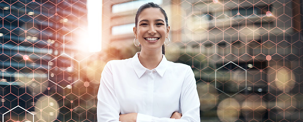 Image showing Portrait, business and woman on city with overlay, hexagon grid and corporate connectivity. Urban, buildings and happy with face of businesswoman with arms crossed, opportunity and digital network