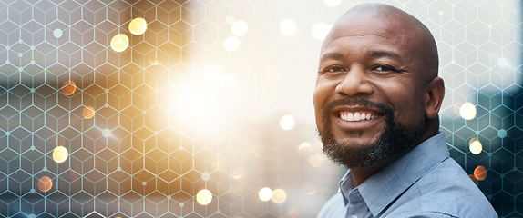 Image showing Portrait, businessman and smile for mockup on banner, bokeh and overlay in closeup for digital marketing. African, mature and person for career, startup or vision for social media, web or online