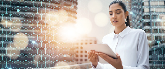 Image showing Grid overlay, business woman and tablet on patio for app work and digital transformation outdoor. Working, female professional and technology for website development job reading research information