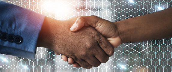 Image showing Partnership, business and shaking hands in overlay with deal, hexagon grid and corporate connectivity. Digital hologram, negotiation and men with handshake with networking, opportunity and agreement.