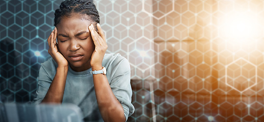 Image showing Woman, headache and overlay with stress for connectivity, network and internet problem with bokeh. Black person, information technology and online with work, migraine and burnout with anxiety