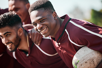 Image showing Team, rugby or smile for people, game or unity for collaboration, sports or happy. Ball, men or solidarity for match, support or together for competition, club or group in field, uniform or training