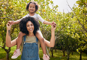 Image showing Mother with kid, orchard and portrait, piggyback in nature and agriculture with healthy food and nutrition on farm. Farmer, woman and daughter time picking citrus fruit with lemon harvest and bonding