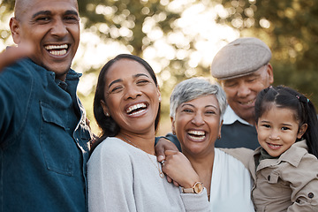 Image showing Parents, child and grandparents with selfie in park for memory, smile and bonding for post on web blog. Men, women and girl kid with profile picture, portrait and photography in summer sunshine