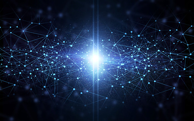 Image showing Light, black background and space network with galaxy and pattern graphic with vortex wallpaper. Star, dark and glow with spark and astral glow with blue shine, hologram and art with digital render