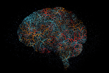 Image showing Brain graphic, neon neuro pattern and digital illustration with science hologram and mind connections. Black background and neuroscience pathway of intelligence, anatomy system and cerebral lines