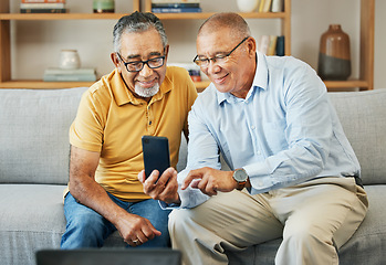 Image showing Home, friends and old men with a smartphone, typing and connection with social media, post and relax. Mature guys, digital app or pensioners with a cellphone, mobile user or contact with sms or email