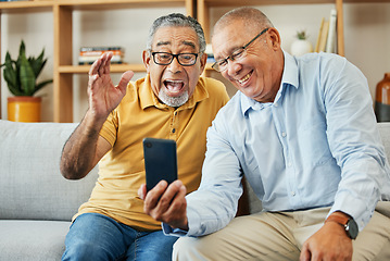 Image showing Friends, video call and senior men on sofa smile for talking, profile picture and chat at home. Retirement, wave and mature people on smartphone for internet, social media and bonding in living room