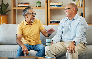 Image showing Elderly, men and communication on sofa for support, relax and retirement in living room of home with smile. Senior, people or conversation on couch for advice, discussion and care in lounge of house