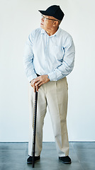 Image showing Mature, person and walking stick while thinking with health, recovery and rehabilitation for assistance. Elderly, man or grandfather at medical office for doctor appointment, diagnosis or results