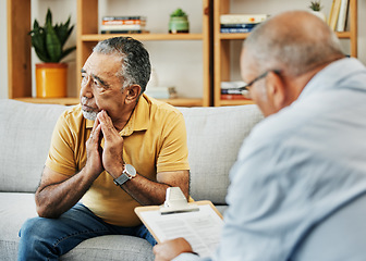 Image showing Sad senior man talking to psychologist at mental health, psychology and therapy clinic for session. Psychological therapist with clipboard for counseling checklist with elderly male patient in office