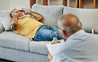 Image showing Old man, psychologist consulting and sofa with anxiety stress or mental health, frustrated or depressed. Elderly person, therapist and support or helping advice, talking or results, problem or sad