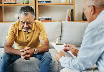 Image showing Senior man talking to a therapist at a mental health, psychology and therapy clinic for session. Psychologist with clipboard for counseling checklist with elderly male patient in retirement in office