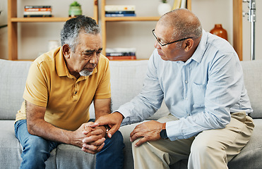 Image showing Men, sofa and support with friends in communication, hand gesture and grief with pain or loneliness. Elderly men, diversity and conversation on mental health or emotional counselling on sad with loss