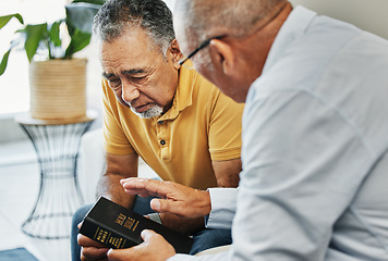 Image showing Men, home and bible with counselling on faith, worship and prayer with pastor, church or christ. Elderly men, diversity and spiritual guidance for grief with loss and depression with hope in jesus