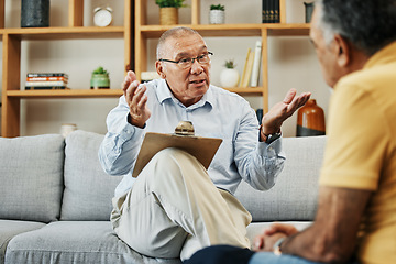 Image showing Senior man speaking to a psychologist at mental health, psychology and therapy clinic for session. Psychological therapist with clipboard for counseling checklist with elderly male patient in office.