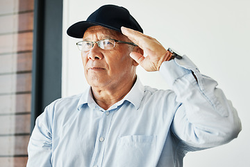 Image showing Old man, salute and portrait for soldier recognition on white background for gratitude, pride or respect. Elderly male, army hero and military or hand gesture for patriotic courage, war or service