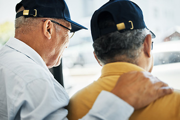 Image showing Elderly friends, men and looking out window, hugging with smile, peace and together in retirement home. Old people, care and happiness with thoughts of future, relaxation and vision with conversation