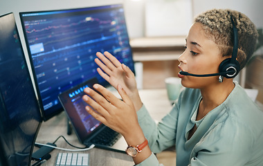 Image showing Woman, trading and callcenter, computer screen and finance advice, financial investment and communication. Headset, microphone and phone call, help desk consultant for stock market and dashboard