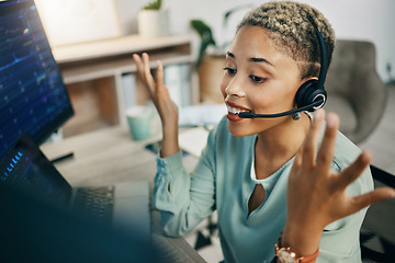 Image showing Woman, trading and callcenter, computer and finance advice, financial investment and communication. Headset, mic and phone call conversation, help desk consultant for stock market and dashboard