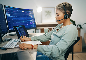 Image showing Woman, computer and stock market or notebook in office with smile for finance data, statistics growth or trading. Female, headset and laptop for investment online saving, business or economy