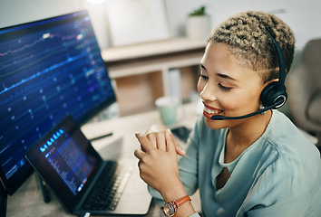 Image showing Woman, online trading and call center, finance with advice and computer screen, financial investment and communication. Headset, microphone and business with laptop, agent at desk with stock market