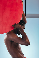 Image showing Art, man and body in mockup, creative graphic and red dot for wellness, fitness and health. Male model, bodybuilding and strong by abs, marketing and advertising by blue background, studio and space