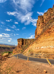 Image showing Asphalt road descending to the bridge over the blue nile,. Ethiopia, Africa