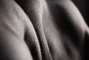 Image showing Skin, texture and closeup of man with muscle and cosmetics, health and model with glow from dermatology. Body, art and shoulder of person with wellness in dark studio or black and white mockup