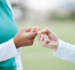 Image showing Hands, teamwork and unity with sports people closeup on a field or court for a game of competition. Fitness, deaf and sign language with an athlete team talking at training for planning or strategy